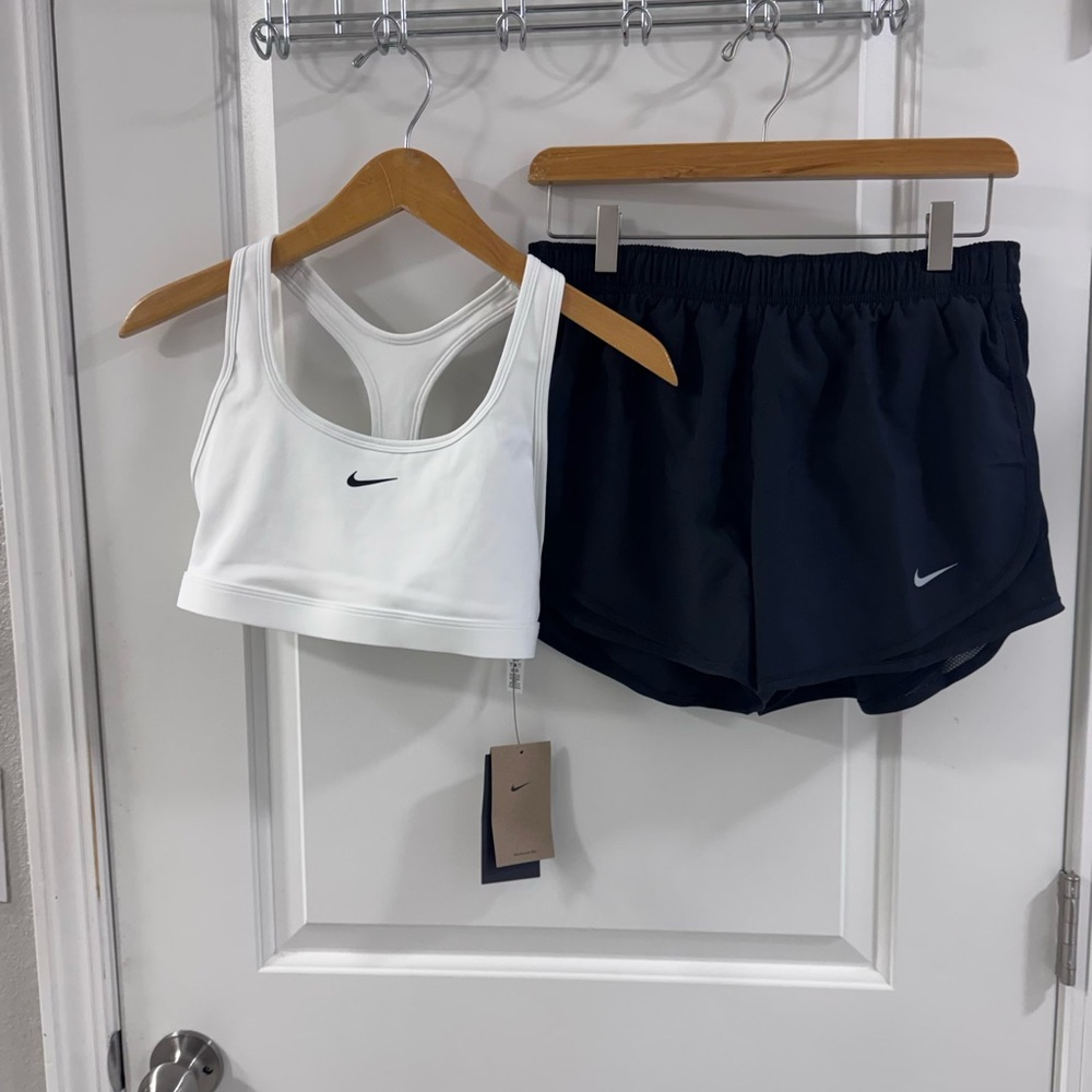 Nike Women's White Sports Bra and Black Shorts